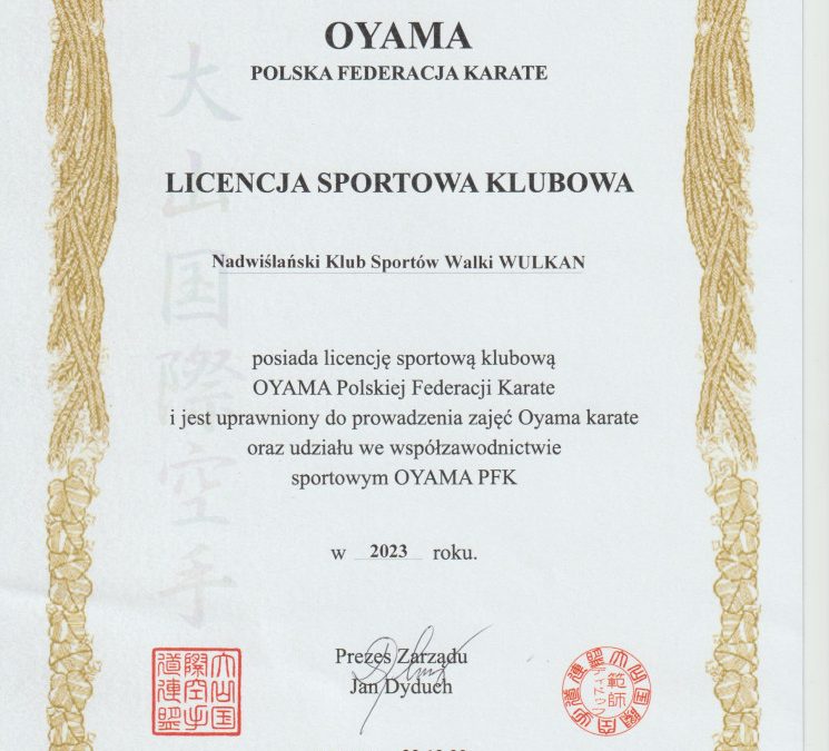 Licencja klubowa Oyama Polska Federacja Karate 2023